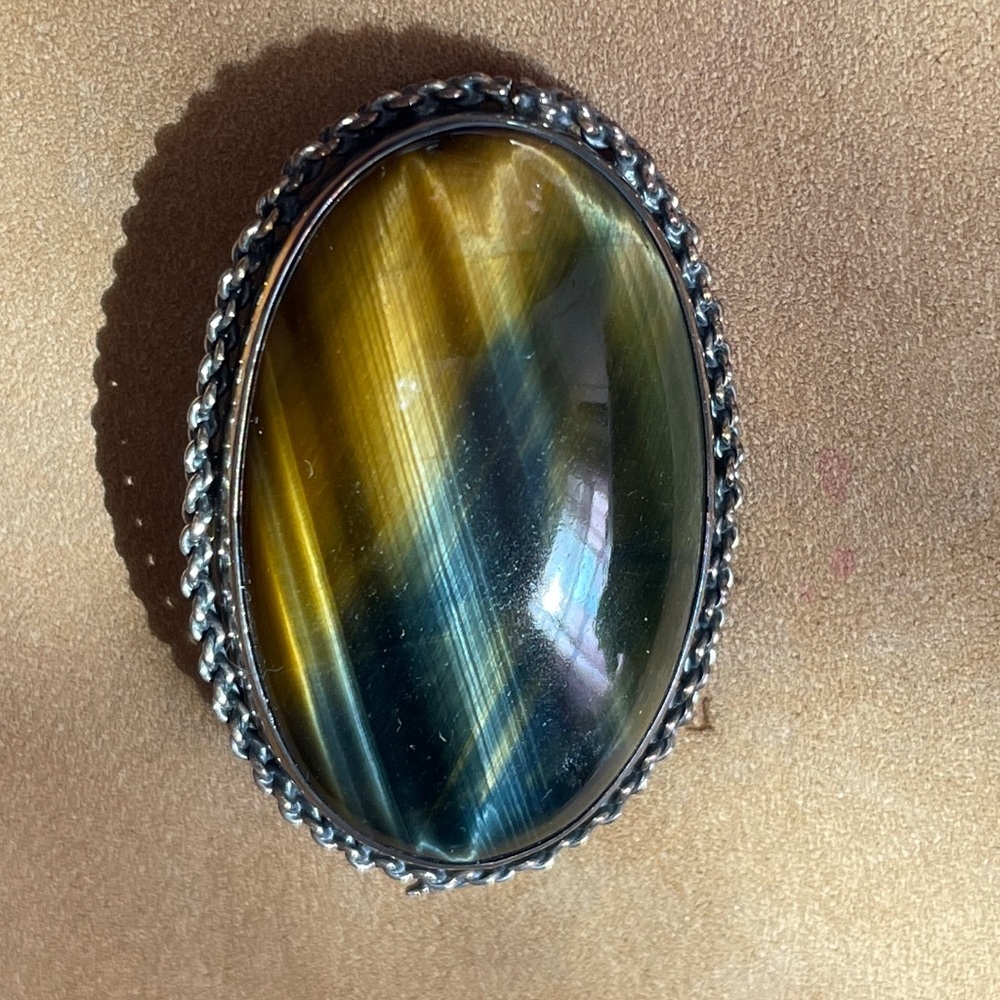Oval Hawks Eye pendant with Silver Trim